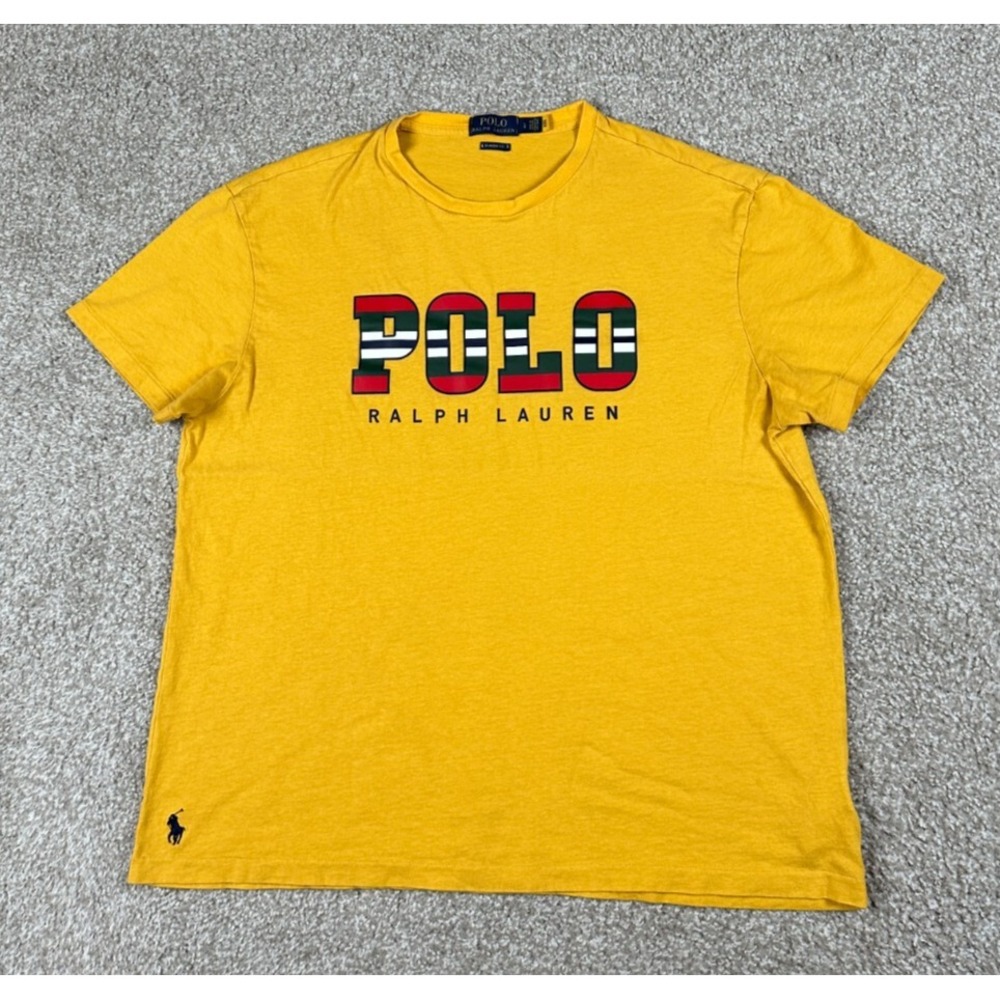 Polo Ralph Lauren Shirt Men Large Yellow Gold Short Sleeve Spell Out Classic Fit